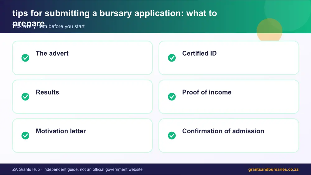 tips for submitting a bursary application documents checklist infographic – tips for submitting a bursary application South Africa 2026