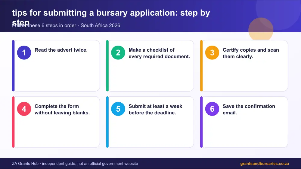 tips for submitting a bursary application step by step guide infographic – tips for submitting a bursary application South Africa 2026
