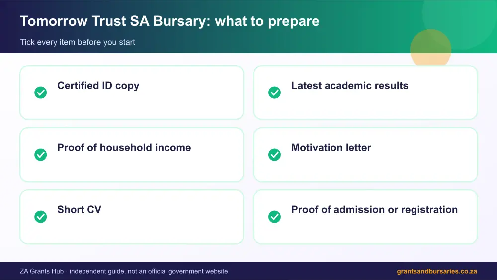 Tomorrow Trust SA Bursary documents checklist infographic – tomorrow trust bursary South Africa 2026