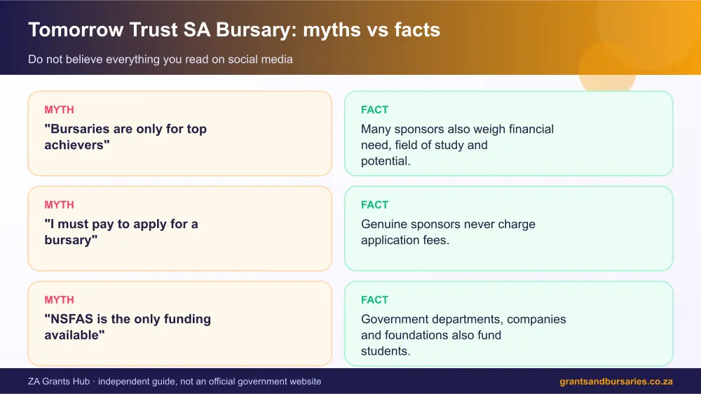Tomorrow Trust SA Bursary myths vs facts infographic – tomorrow trust bursary South Africa 2026