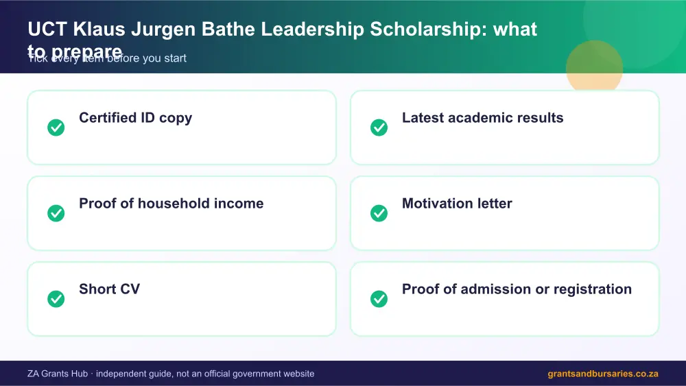 UCT Klaus Jurgen Bathe Leadership Scholarship documents checklist infographic – uct klaus jurgen bathe leadership scholarship South Africa 2026