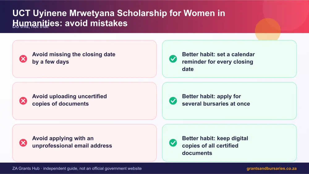 UCT Uyinene Mrwetyana Scholarship for Women in Humanities mistakes to avoid and tips infographic – uct uyinene mrwetyana scholarship for women in humanities South Africa 2026