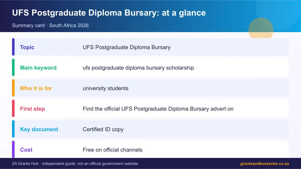 UFS Postgraduate Diploma Bursary at a glance summary infographic – ufs postgraduate diploma bursary scholarship South Africa 2026