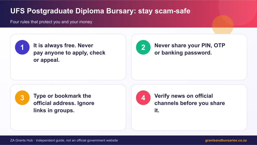 UFS Postgraduate Diploma Bursary stay safe from scams infographic – ufs postgraduate diploma bursary scholarship South Africa 2026