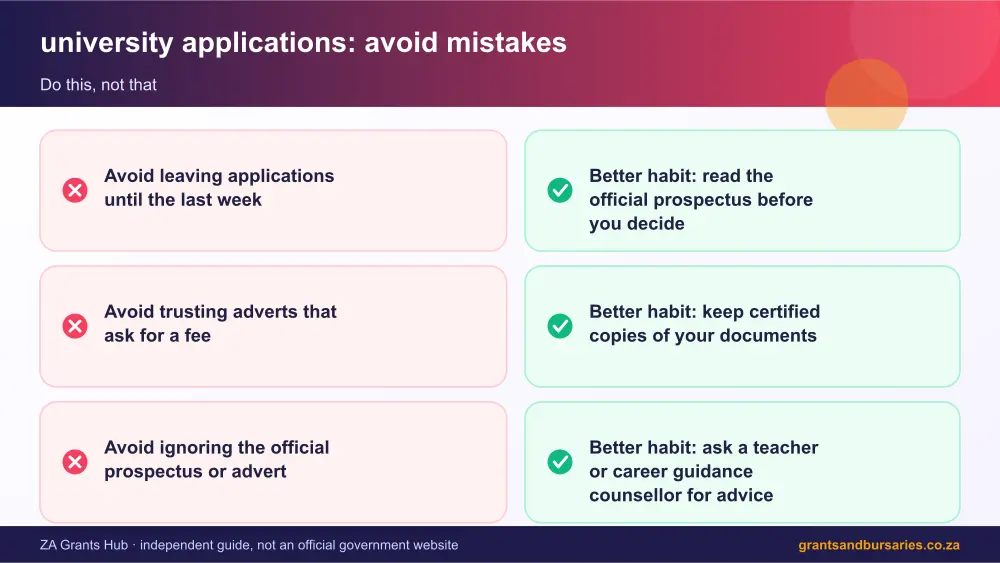 university applications mistakes to avoid and tips infographic – university applications South Africa 2026
