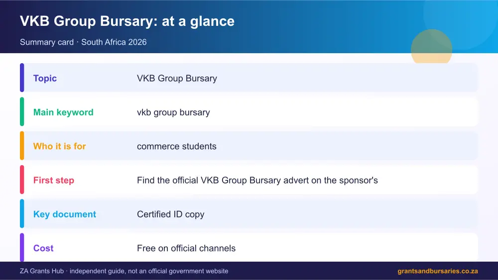 VKB Group Bursary at a glance summary infographic – vkb group bursary South Africa 2026