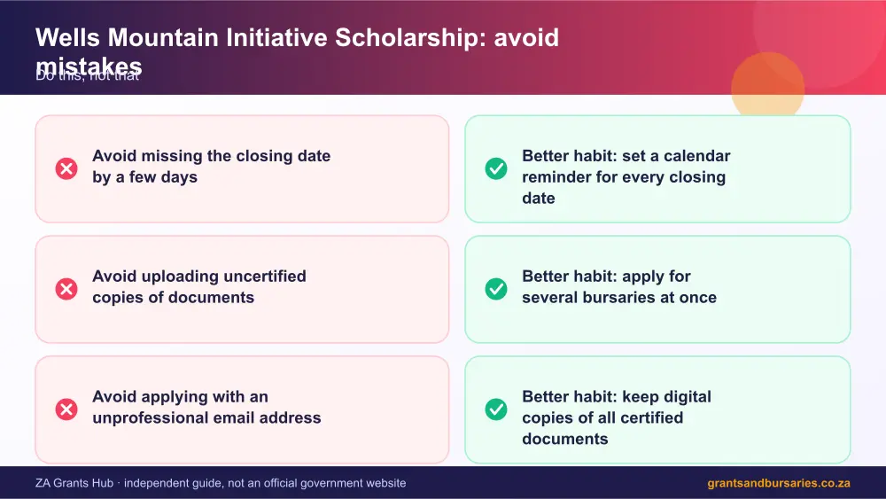Wells Mountain Initiative Scholarship mistakes to avoid and tips infographic – wmi scholarship South Africa 2026