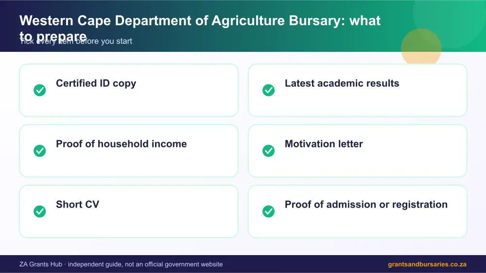 Western Cape Department of Agriculture Bursary documents checklist infographic – western cape department of agriculture bursary South Africa 2026