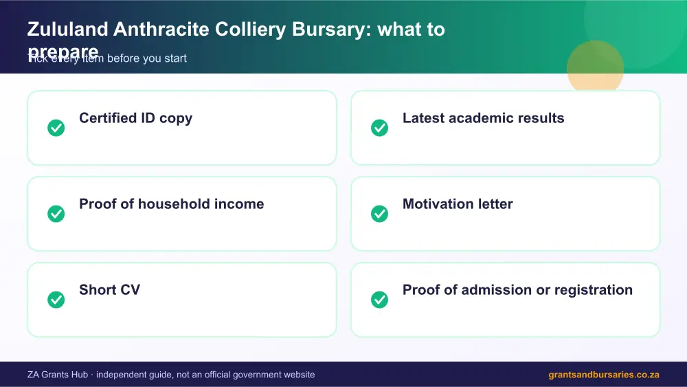 Zululand Anthracite Colliery Bursary documents checklist infographic – zululand anthracite colliery bursary South Africa 2026